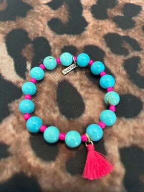 Handmade Turquoise & Hot Pink Beaded Tassel Bracelet